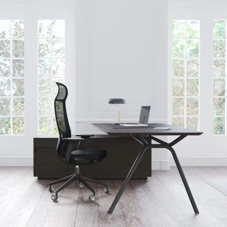 Bureau de direction noir en bois et métal avec caisson de rangement fixe - ARQUS