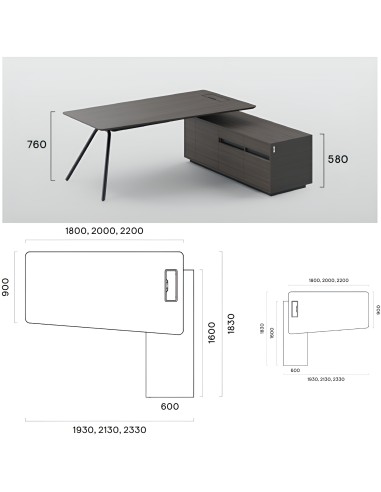 Dimensions du bureau de direction asymétrique ARQUS avec caisson