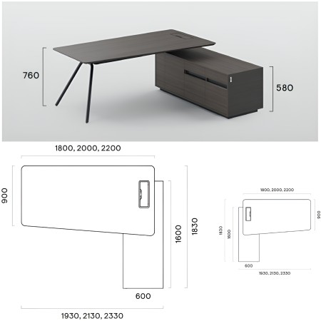 Dimensions du bureau de direction asymétrique ARQUS avec caisson