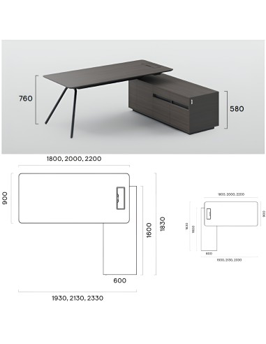 Dimensions du bureau rectangulaire avec caisson ARQUS