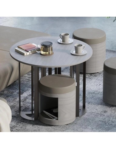 Table basse ronde bois gris avec tabourets rangement