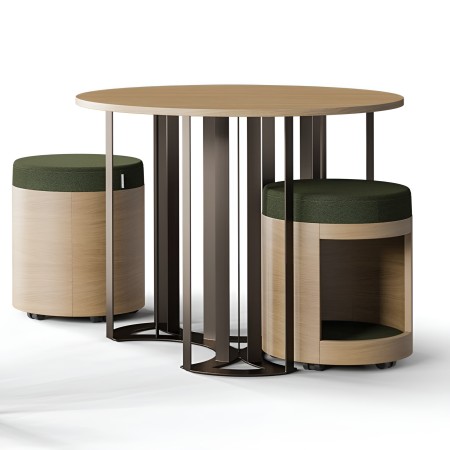 Table basse ronde design bois clair noir avec tabourets vert