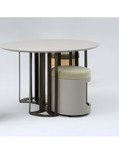 Table ronde moderne avec poufs intégrés vert et bois, pieds métal design