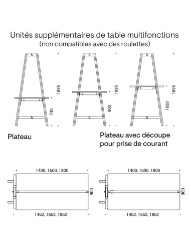 Dimensions de la table Nova Wood Multipurpose avec roulettes