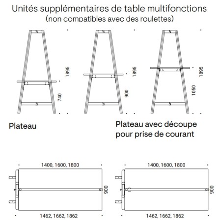 Dimensions de la table Nova Wood Multipurpose avec roulettes
