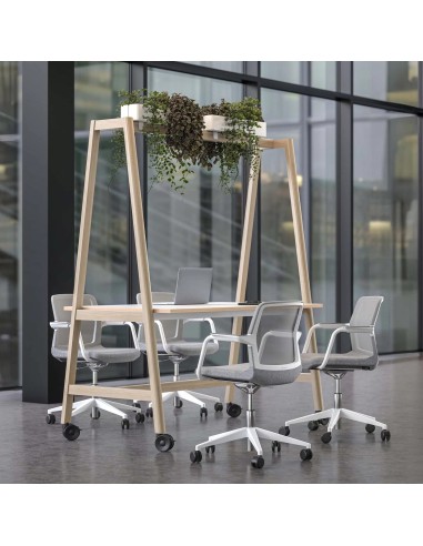 Table de réunion NOVA Wood mobile avec chaises pivotantes et jardinières suspen