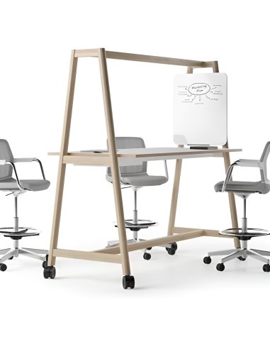Table mobile NOVA Wood avec tableau blanc et tabourets hauts sur roulettes