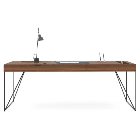 Bureau AIR Executive 2200 mm finition noyer avec piètement métal noir et tiroirs en cuir intégré