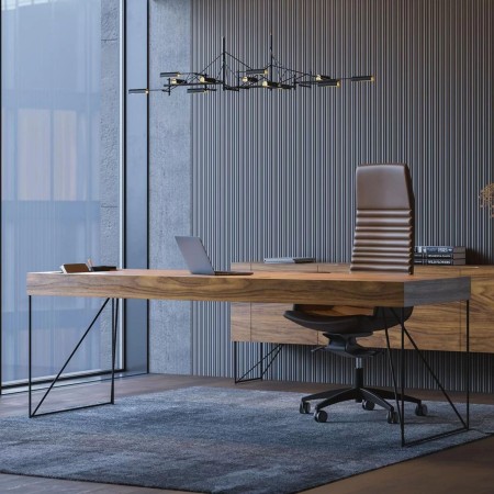 Bureau AIR Executive 2200 mm finition noyer avec piètement métal noir et tiroirs en cuir intégré 2