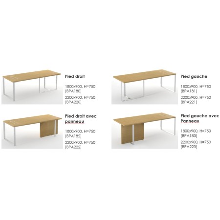 Bureaux PLANA avec retour et pieds métal blancs, options avec ou sans panneau latéral