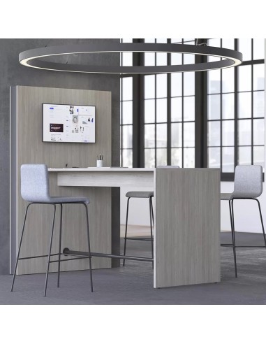 Table de réunion haute avec panneau MEDIA écran et tabourets gris modernes