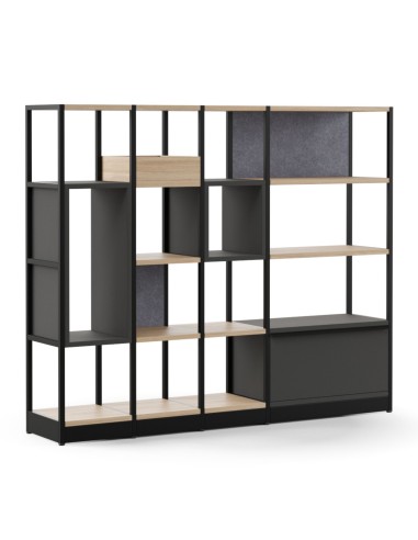 Étagère modulable en bois clair avec structure noire pour bureau ou salon COMBUS