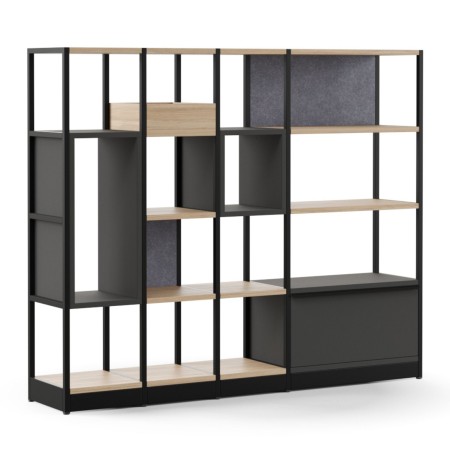 Étagère modulable en bois clair avec structure noire pour bureau ou salon COMBUS