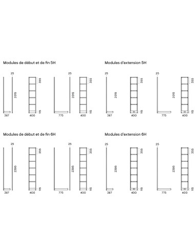 Dimensions des étagères modulaires COMBUS 5-6H