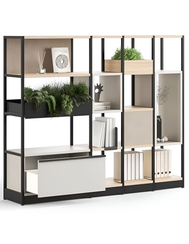 Étagère design avec rangements ouverts, plantes vertes et tiroir intégré pour bureau