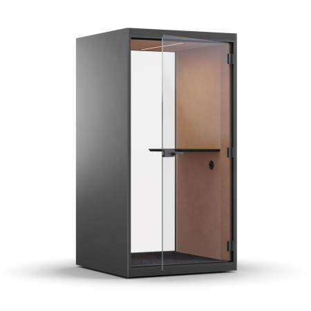 Cabine acoustique individuelle noire avec parois vitrées et tablette intégrée