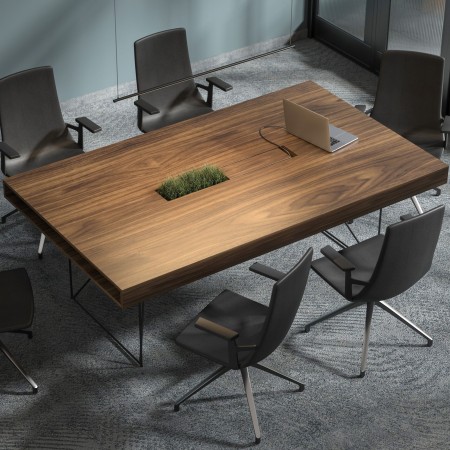 Table de réunion AIR bois noyer avec jardinière centrale et chaises noires design