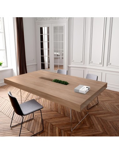 Table de réunion AIR bois noyer avec plateau 120 mm et piètement filaire métal