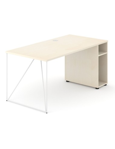 Bureau bois clair avec pied métal blanc et caisson de rangement intégré