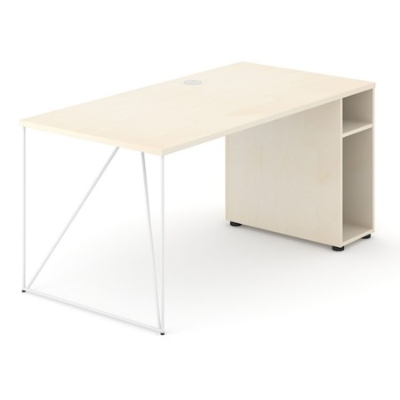 Bureau bois clair avec pied métal blanc et caisson de rangement intégré