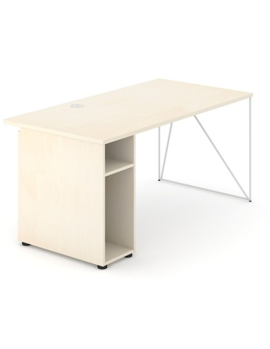 Bureau design bois clair avec piètement filaire blanc et niche de rangement latérale