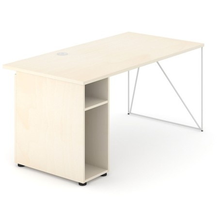 Bureau design bois clair avec piètement filaire blanc et niche de rangement latérale