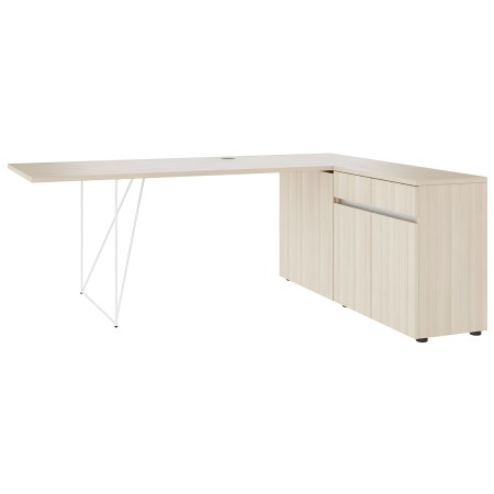 Bureau d’angle AIR bois clair avec piètement filaire blanc et armoire intégrée à droite