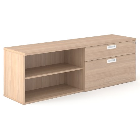 Meuble CHOICE bois avec étagères ouvertes à gauche et tiroirs verrouillables à droite, finition chêne clair