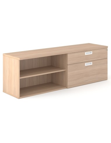 Meuble CHOICE bois avec étagères ouvertes à gauche et tiroirs verrouillables à droite, finition chêne clair