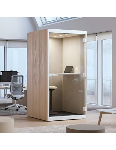 Cabine acoustique SONUS S avec bureau intégré et tabouret pour open space
