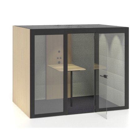 Cabine acoustique bureau vitrée avec table intégrée et parois en feutre gris Silent Room L