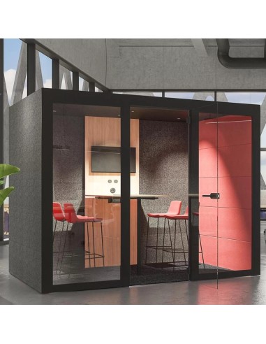 Cabine acoustique noire avec intérieur rouge et chaises hautes pour réunion privée Silent Room L