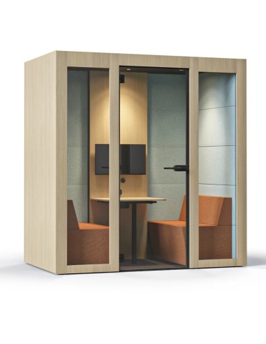 Cabine acoustique avec 2 fauteuils oranges, table et un écran mural intégré SILENT ROOM M