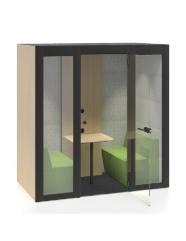 Cabine acoustique bureau avec banquettes vertes et table en bois intégrée Silent Room M