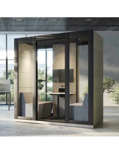 Cabine acoustique vitrée pour 2 personnes avec assises intégrées et écran mural