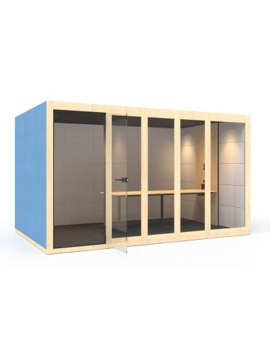 Cabine acoustique de réunion en bois clair avec murs bleus et table intégrée Silent Room XL