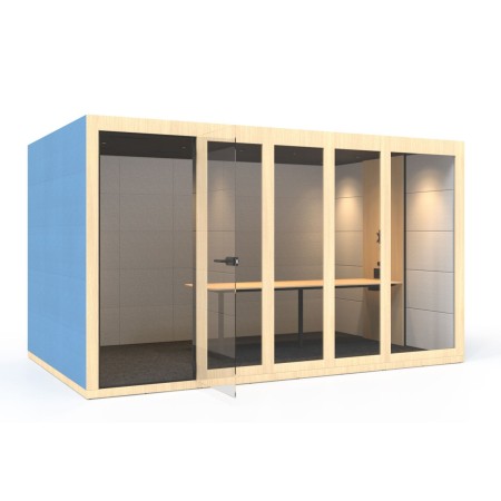 Cabine acoustique de réunion en bois clair avec murs bleus et table intégrée Silent Room XL
