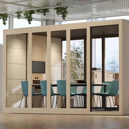 Cabine acoustique de réunion vitrée avec table et chaises oranges SILENT ROOM XL 2