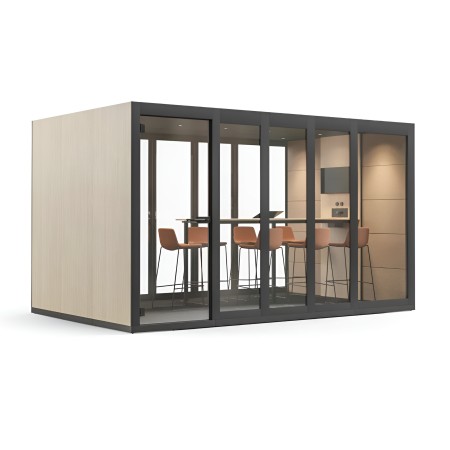 Cabine acoustique de réunion vitrée avec table et chaises oranges SILENT ROOM XL