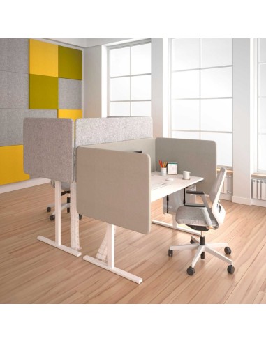 Écran acoustique latéral bleu DESK 760 monté sur bureau blanc