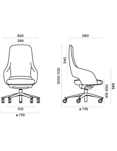 Plan technique Sandie dossier moyen – hauteur réglable et roulettes