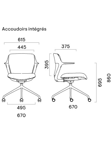 Chaise OFY visiteur à roulettes avec accoudoirs intégrés – vue technique