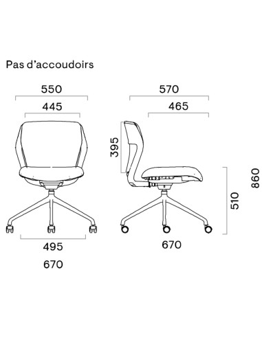 Chaise OFY visiteur à roulettes sans accoudoirs – dimensions techniques