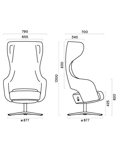Dimensions fauteuil lounge pivotant à oreilles et accoudoirs – Sandie