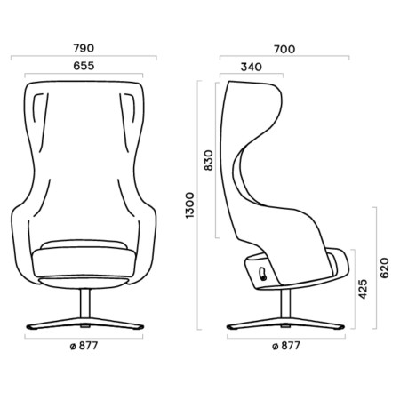 Dimensions fauteuil lounge pivotant à oreilles et accoudoirs – Sandie
