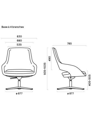 Dimensions SANDIE avec base pivotante – vues face et profil