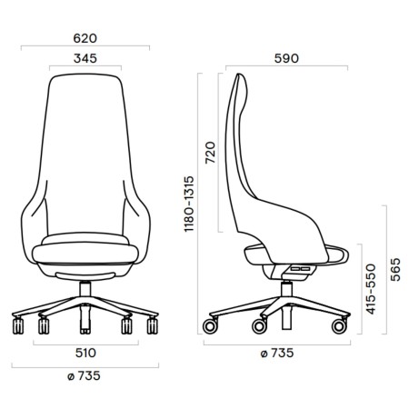 Dimensions chaise à roulettes pivotante – Sandie