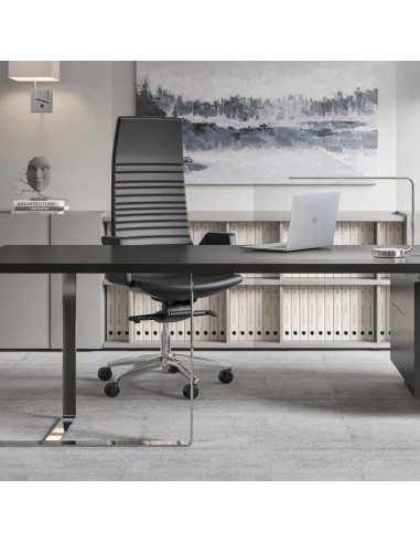 Chaise en cuir noir dans un bureau design avec table en verre. North Cape 