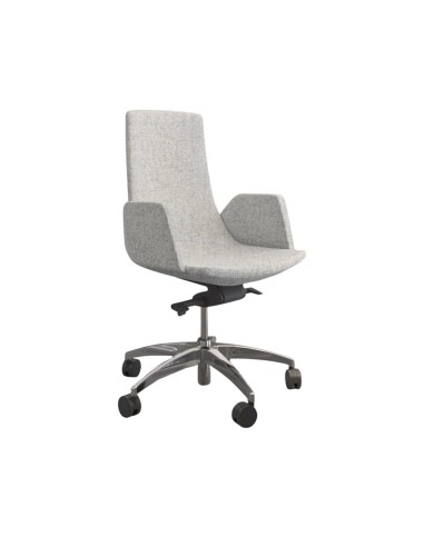 Vue en studio de la chaise North Cape en finition tissu gris clair, avec accoudoirs rembourrés et base en plastique noir. Parfai