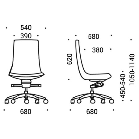 Dimensions chaise de bureau sans accoudoirs tissu avec roulettes - North Cape